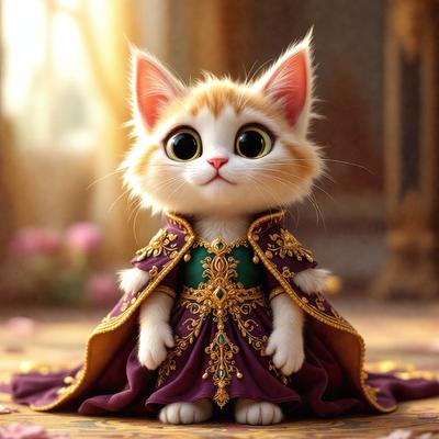 The primary subject of the image is a small, cute, and fluffy cat dressed in a purple gown. The cat is standing on a carpet, which serves as the setting for the scene. The visual style of the image is a combination of photo and digital art, creating a unique and adorable appearance. The dominant colors in the image are purple and gold, giving the scene a warm and inviting atmosphere.